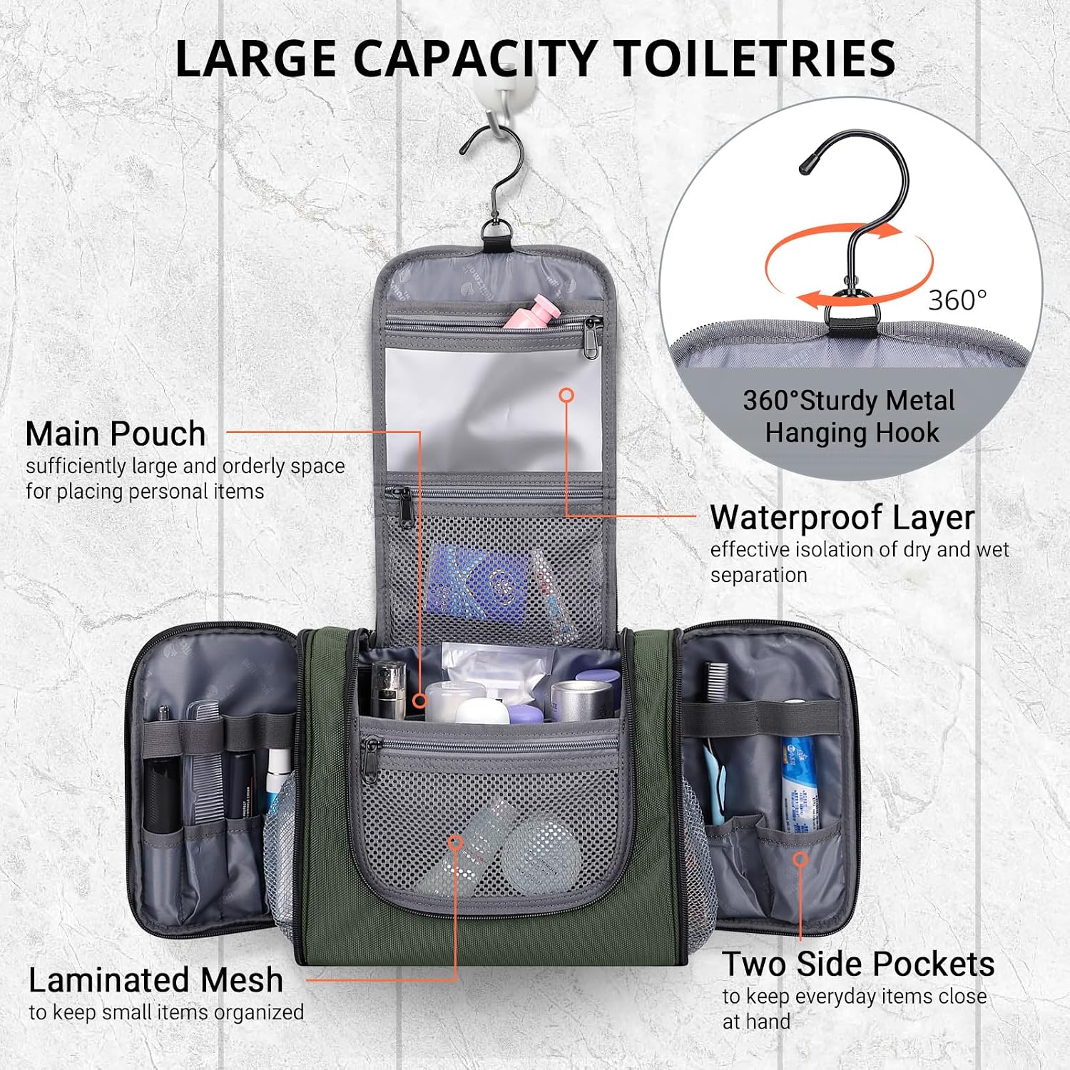 Thumbnail 3 de WITZMAN Large Hanging Toiletry Bag (Army Green) – Multi-Compartment Dopp Kit for Travel