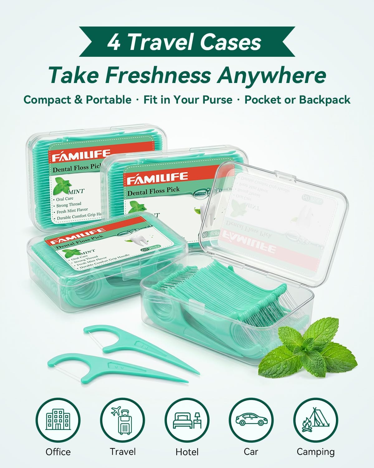 Thumbnail 3 de FAMILIFE Floss Picks, 240 Count Mint Dental Floss Picks with 4 Travel Cases
