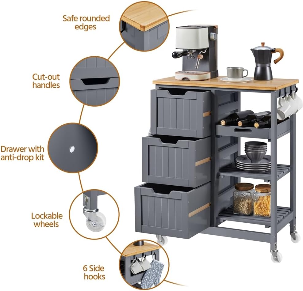 Detalle de Yaheetech Carrello Cucina 67x37x84,5 cm con Ruote e 3 Ripiani/3 Cassetti: versatile e salvaspazio