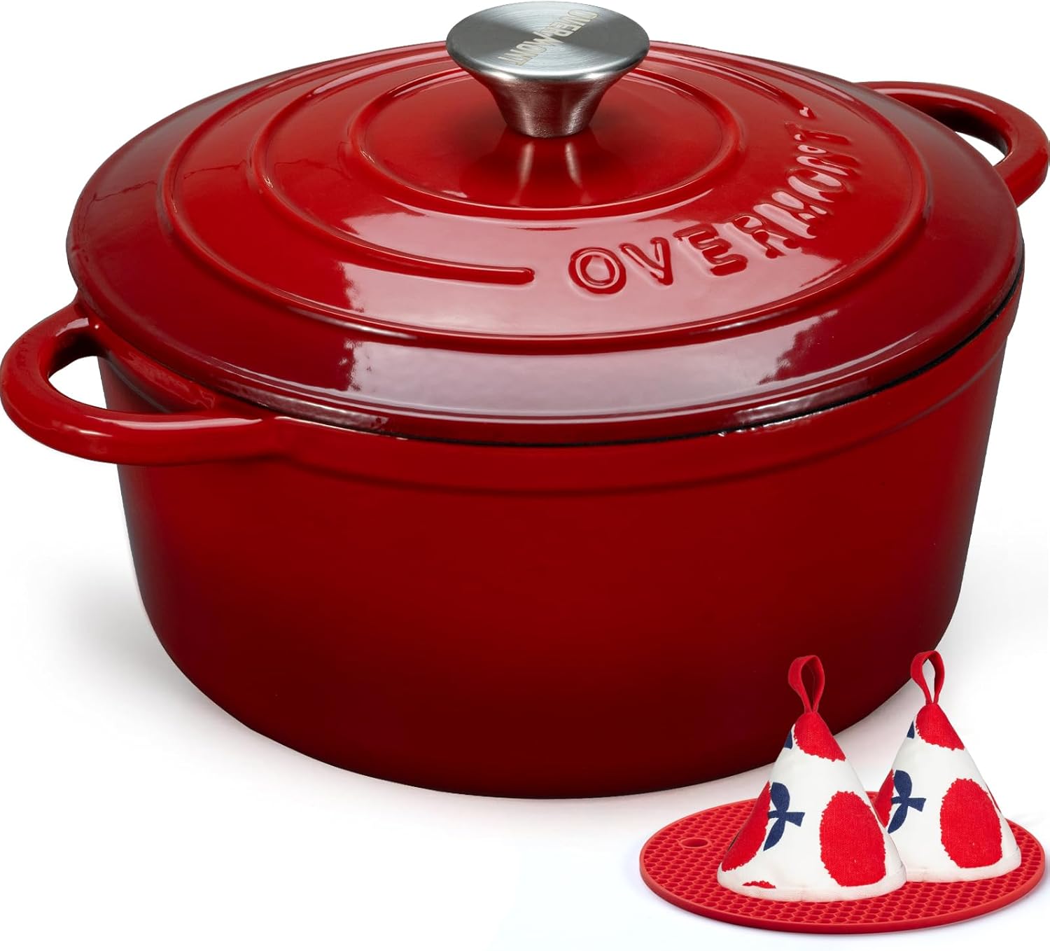 Detalle de Overmont Casseruola in Ghisa Smaltata Ø28 cm con Coperchio – Antiaderente, Forno Olandese, Induzione, Rosso