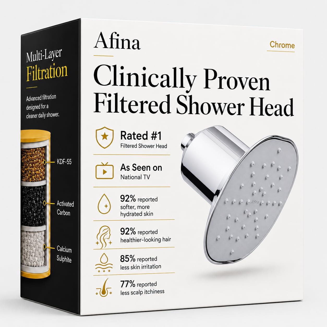 Detalle de Afina Filtered Shower Head with KDF-55 Filtration — High-Pressure Rainfall (Chrome)