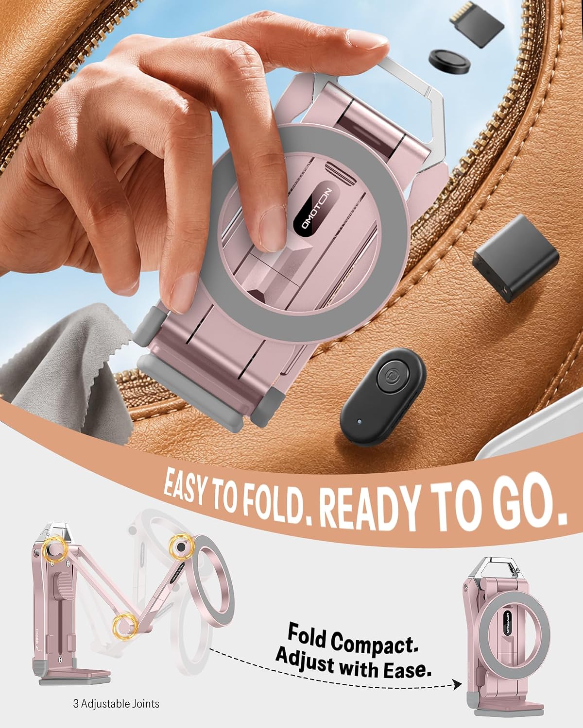 Thumbnail 6 de OMOTON TP02-Pink-US Magnetic Phone Tripod, Pink, 360° Rotation, Foldable