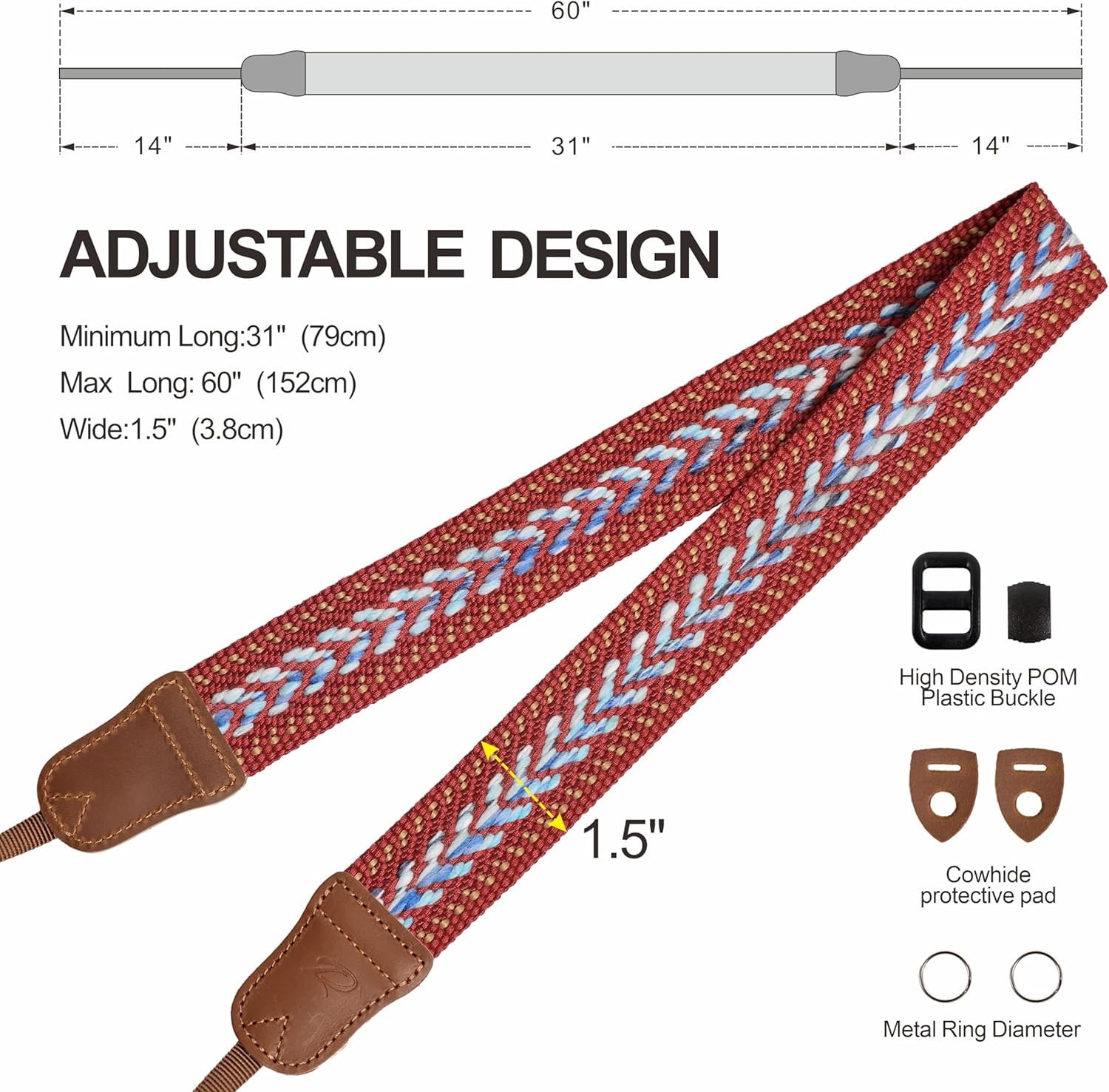 Thumbnail 6 de Padwa Lifestyle Speed Red Camera Strap – 1.5" Soft Cotton Rope Weave with Crazy Horse Cowhide Ends