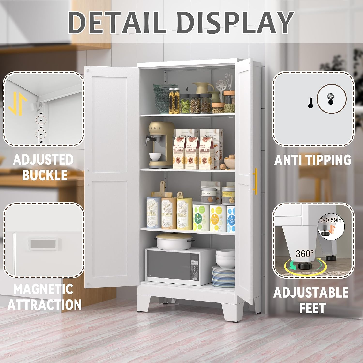 Detalle de GAIOUS C-YSXR04-1200W Metal Pantry Cabinet, White, Adjustable Shelves