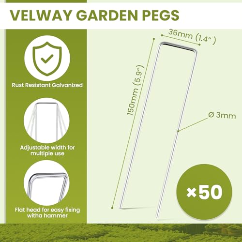 Detalle 2 de Velway Lot de 50 piquets de fixation pour jardin – Piquets en acier galvanisé en forme de U 150x36mm Ø3mm