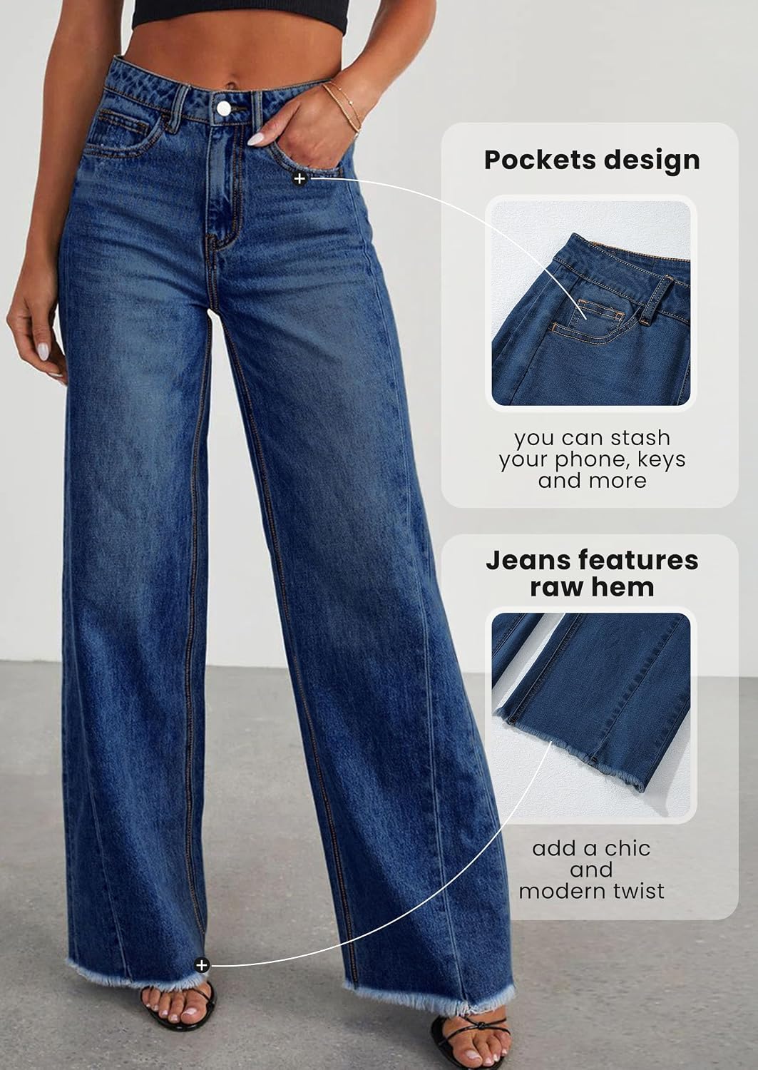 Detalle de PRETTYGARDEN Wide Leg Jeans for Women – High Waisted Stretchy Baggy Raw Hem Denim Palazzo Pants (2026)