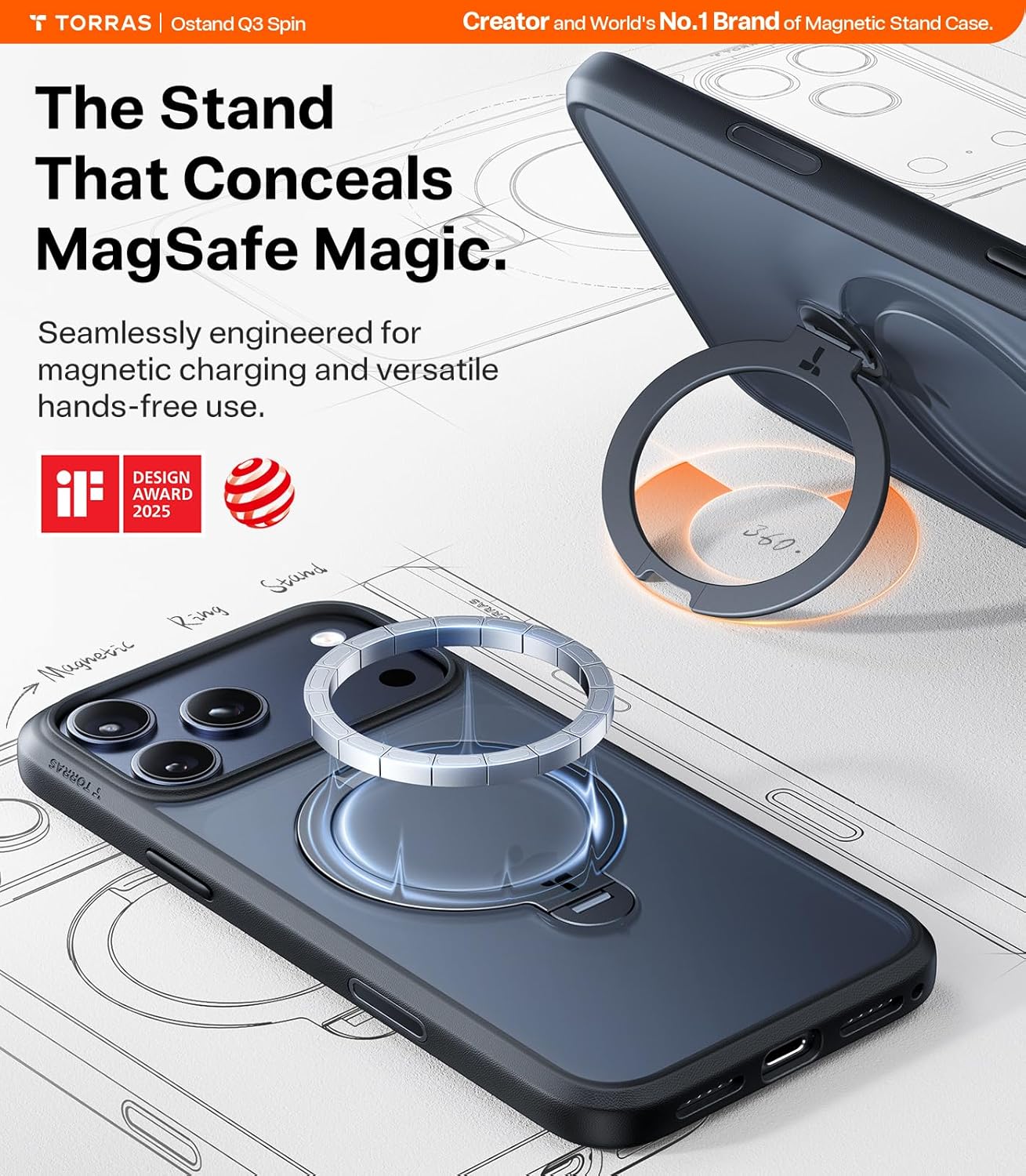 Thumbnail 2 de TORRAS Ostand Q3 Spin for iPhone 17 Pro Case with 360° rotating ring stand and MagSafe – Black