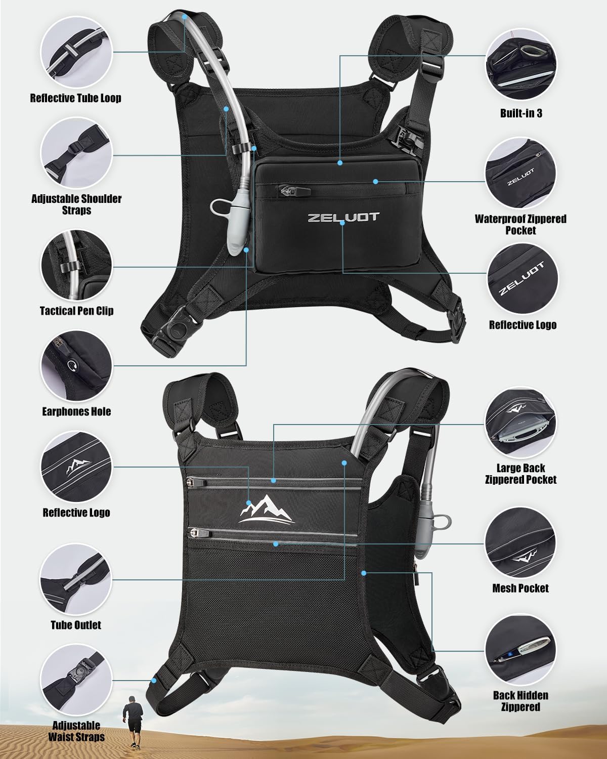 Detalle de Zelvot Running Vest with 1L Water Bladder — Adjustable Reflective Hydration Vest for Runners