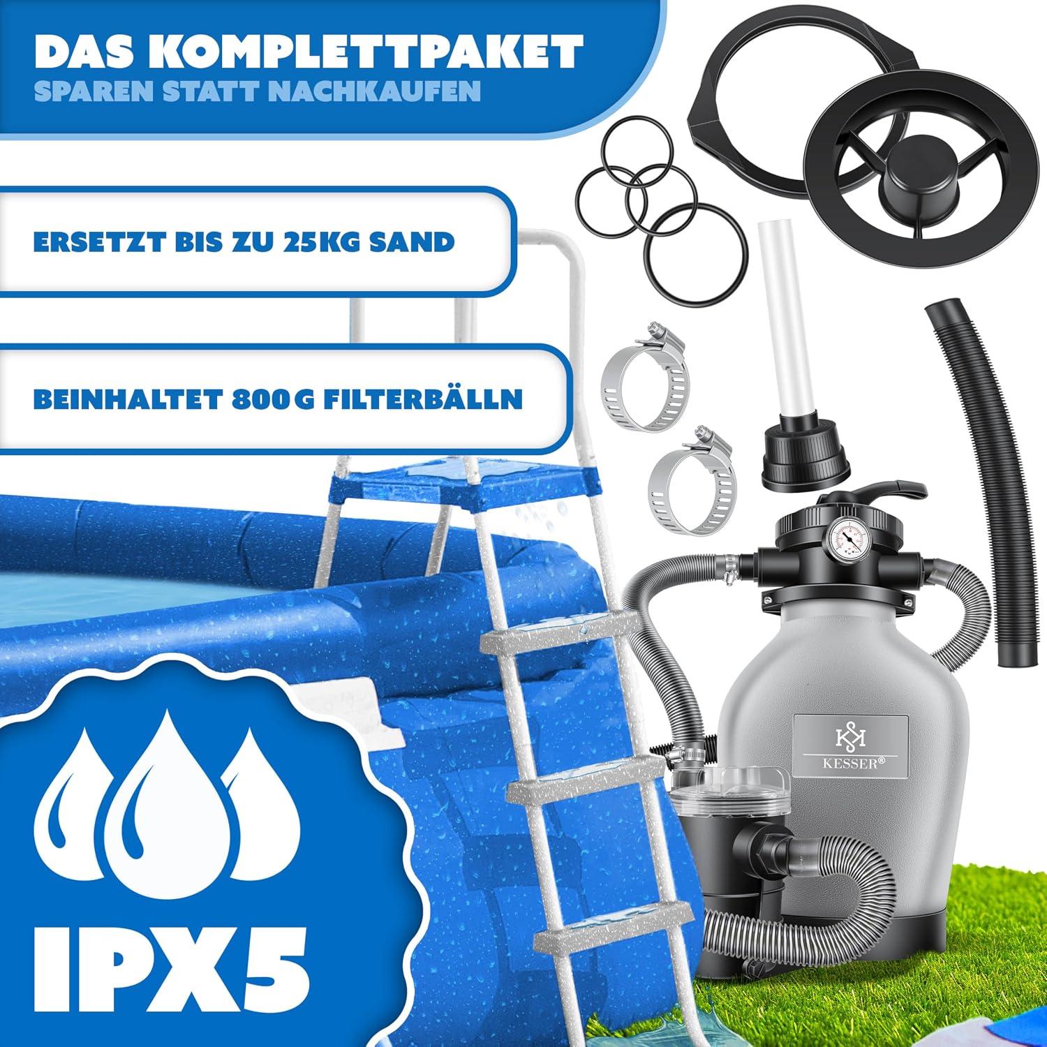 Thumbnail 3 de KESSER Sandfilteranlage mit 10.200 L/h | 7-Wege-Ventil, inkl. 800 g Filterbälle und Wettercover