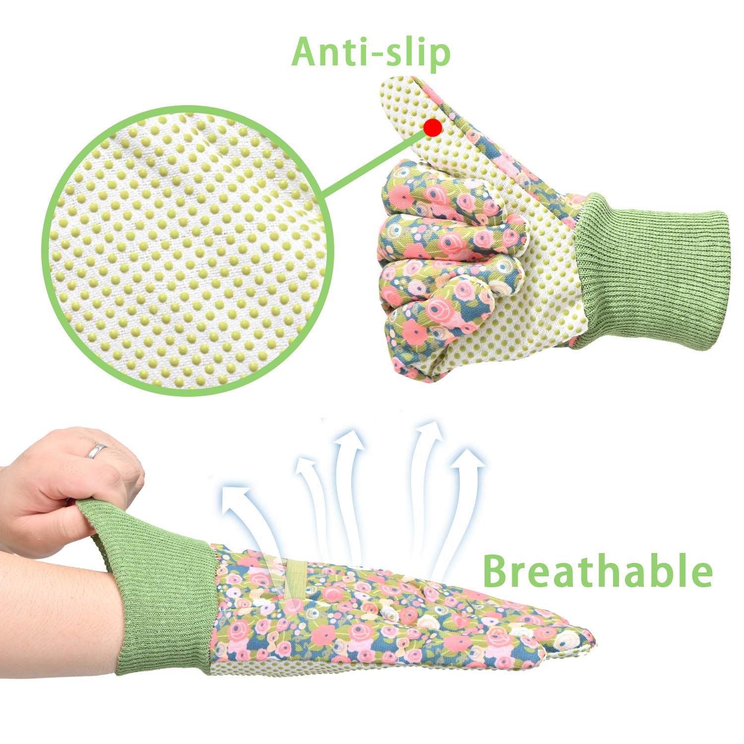 Detalle de Hanzapor Women Gardening Gloves: 2 Pairs of Comfortable, Breathable, Non-Slip Work Gloves (Small/Medium, Green)