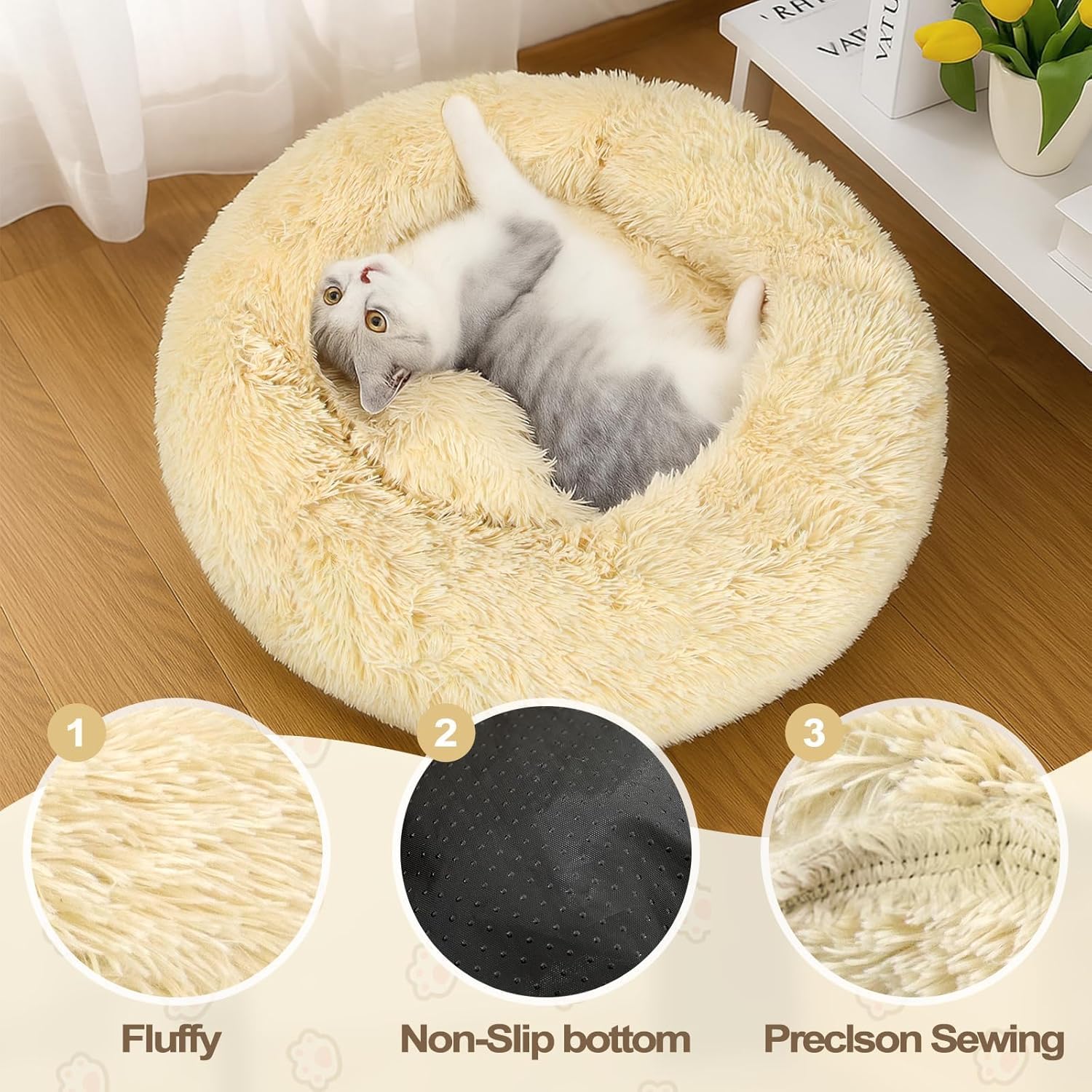 Thumbnail 1 de DONWEI Calming Dog Donut Bed (60x60cm) – Washable, non-slip fluffy calming cushion for small to medium dogs