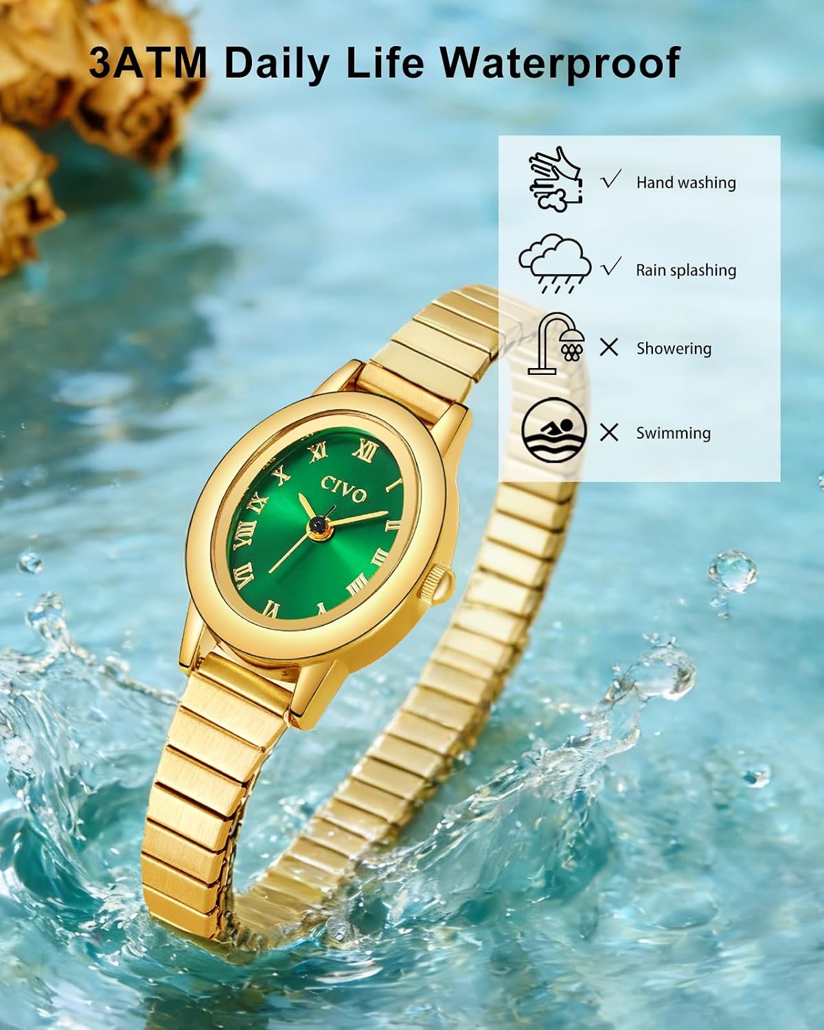 Thumbnail 5 de CIVO Vintage Damenarmbanduhr mit ovalem Gehäuse, römischem Zifferblatt und elastischem Metallband