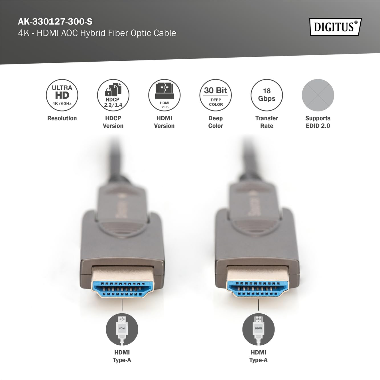 Detalle 2 de DIGITUS HDMI AOC – kabel światłowodowy HDMI 2.0b, 4K/60 Hz, 30 m