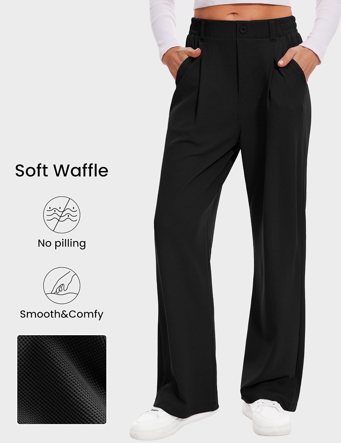Detalle de Desol Waffel Lang Palazzo Hose für Damen mit Taschen – High Waist Sommerhose aus luftigem Stoff