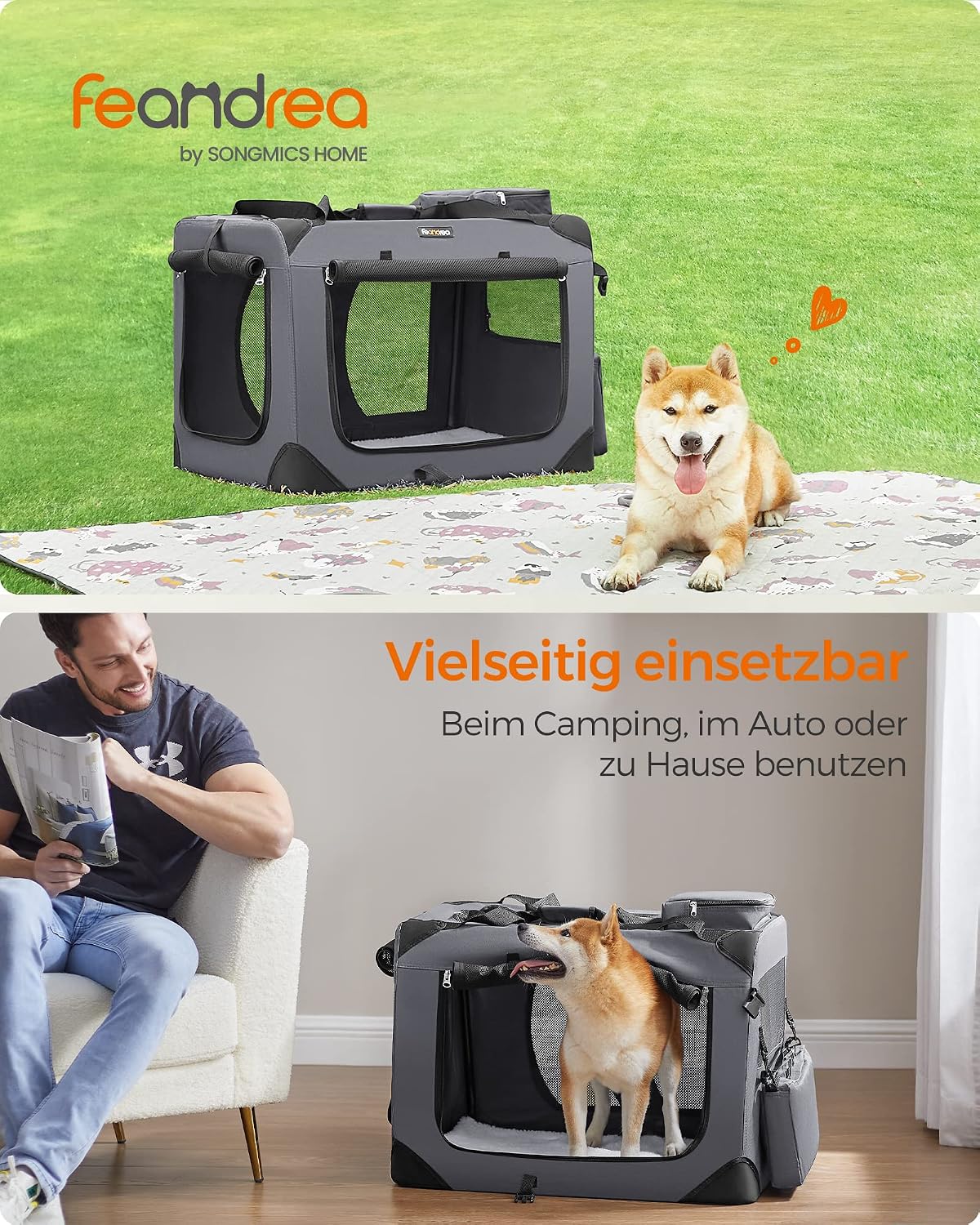 Detalle 2 de Feandrea faltbare Hundebox L 70 x 52 x 52 cm – Transportbox aus Oxford-Gewebe, atmungsaktiv mit Metallrahmen