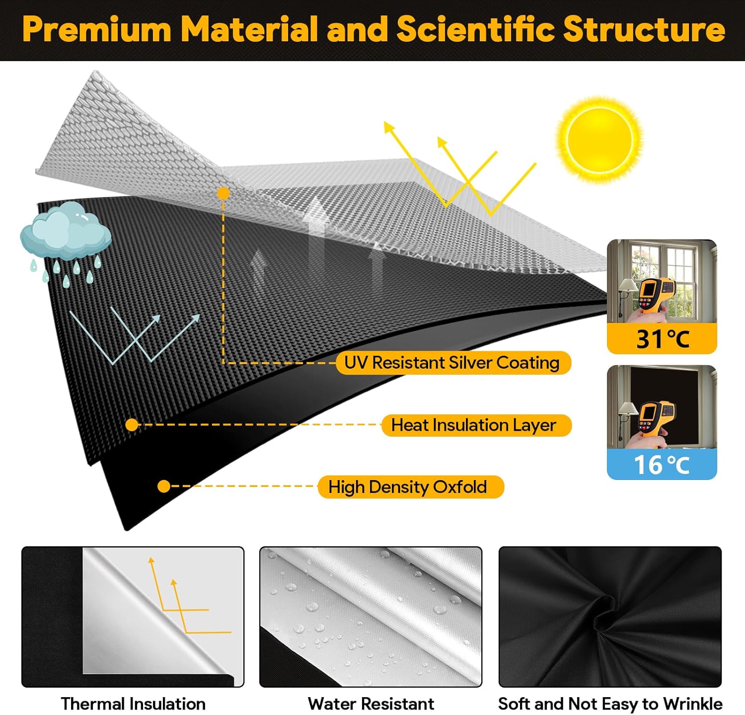 Thumbnail 5 de Vexyra Store Occultant sans Percage 300x145 cm — rideau thermique anti-chaleur 100% blackout