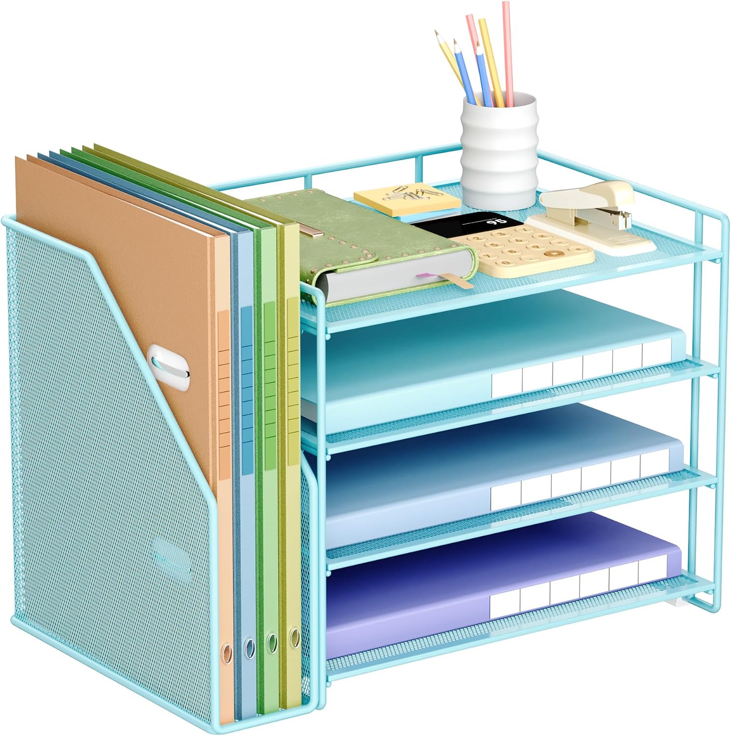Detalle de SUBEKYU Office Paper Organizer with File Holder, 4-Tier Metal Mesh Desk Organiser, Blue