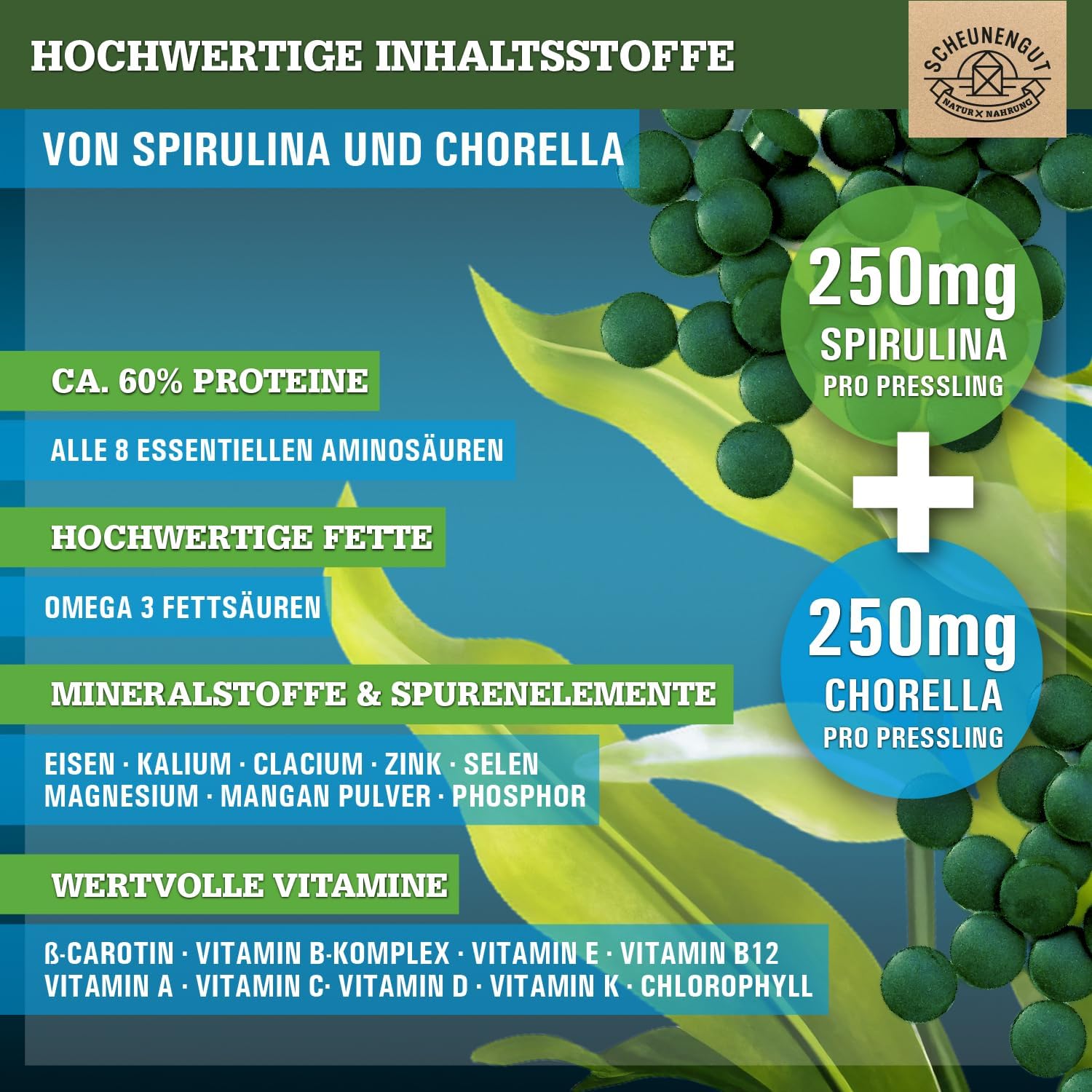 Detalle de Scheunengut Spirulina Chlorella 6000mg Tabletten
