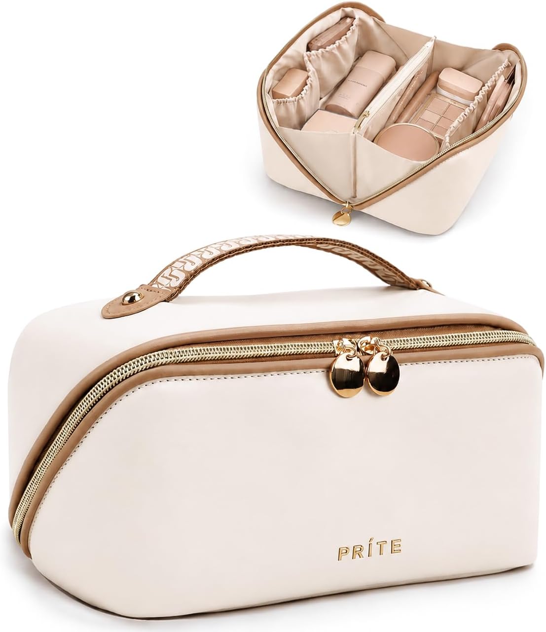 Detalle de Prite Women’s Travel Makeup Bag (Beige) — Waterproof Vegan Leather Organizer with Clear Divider