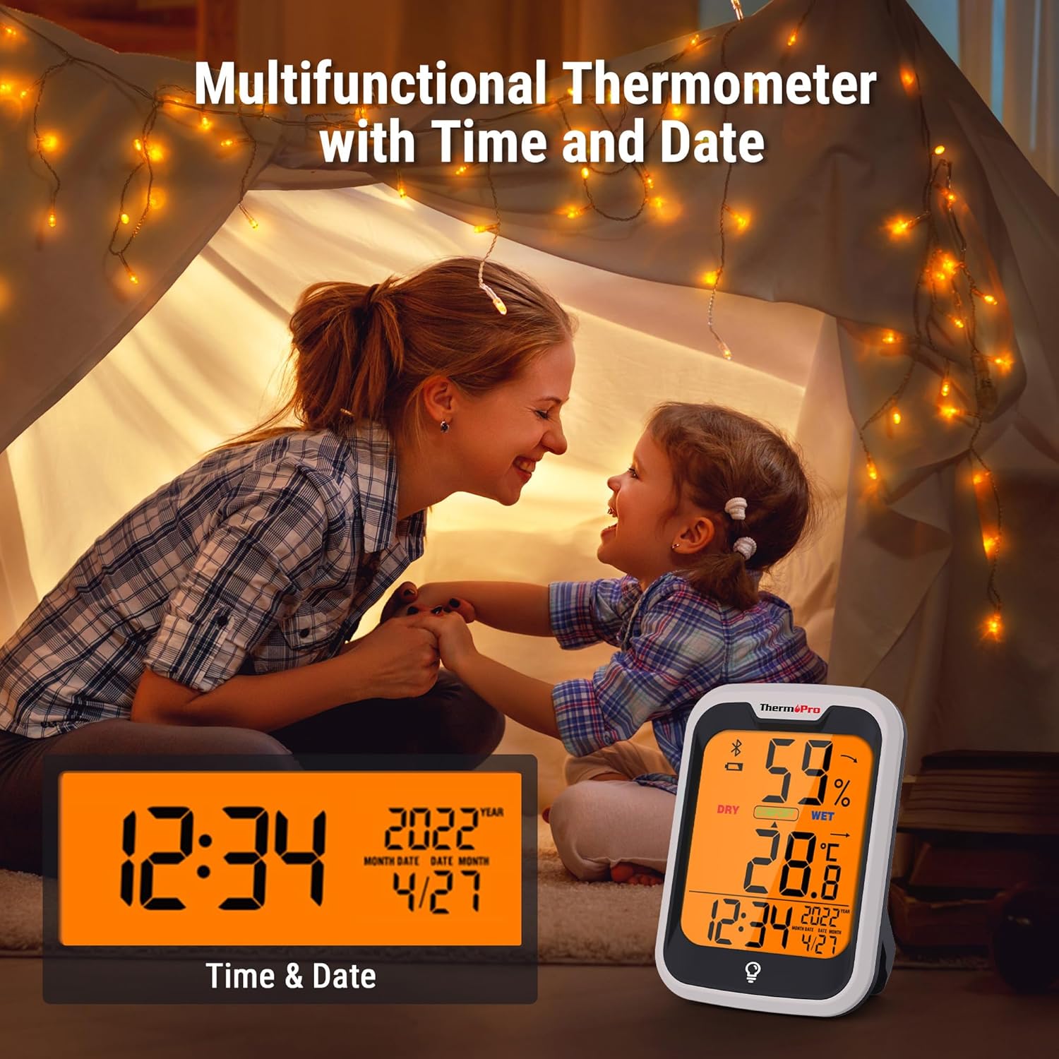 Detalle 2 de ThermoPro TP358 termometro igrometro Bluetooth interno con orologio e retroilluminato, controllo via app