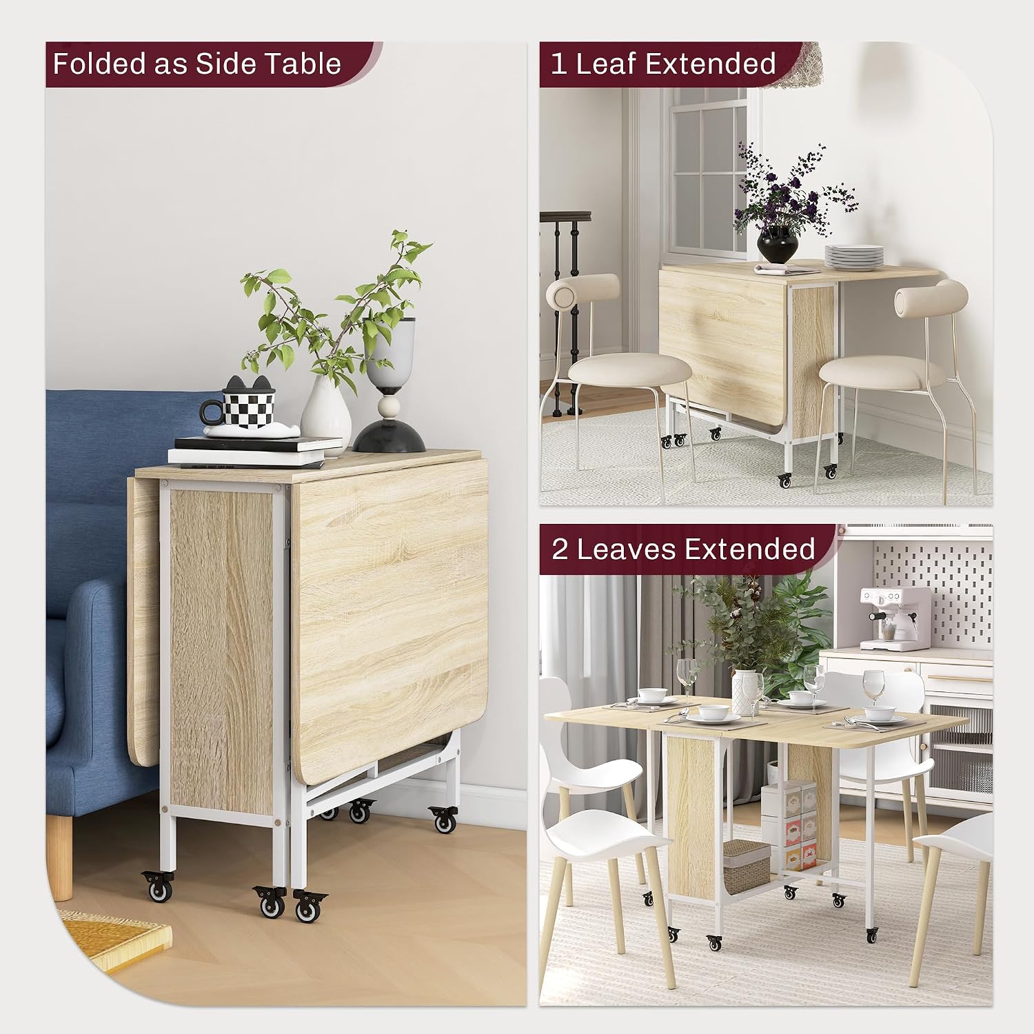Detalle 2 de HOMCOM 835-789V00ND Folding Dining Table, Drop-Leaf, 6 Wheels and Storage Shelf