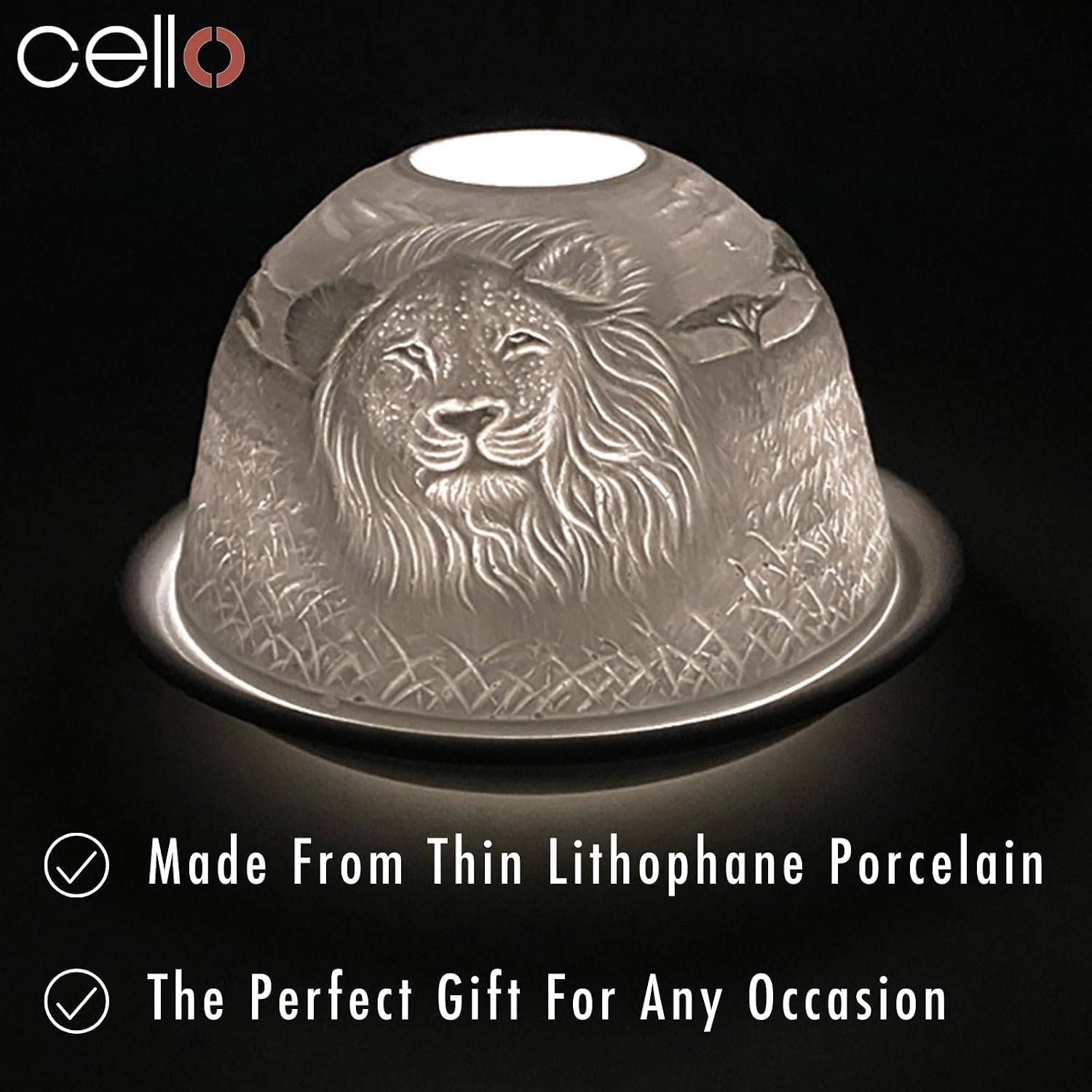 Detalle 1 de Cello Porcelain Tealight Holder Dome – Lion King 3D Lithophane Design
