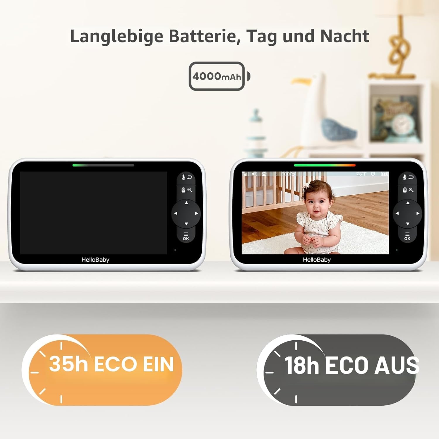 Detalle 1 de HelloBaby 6-Zoll Video-Babyphone 4000 mAh