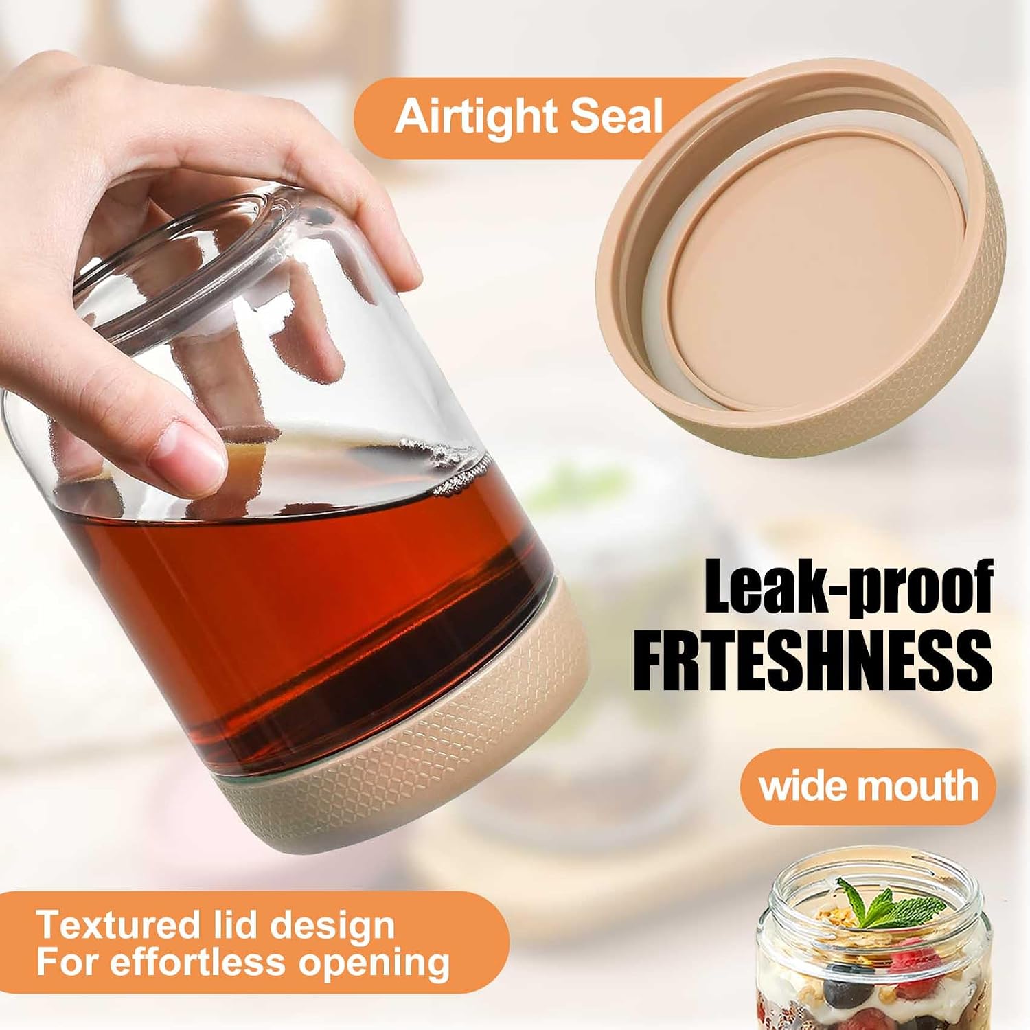 Detalle de Eidoct 6-Pack 450ml Glass Jar Pots with Screw Lids for Leakproof Overnight Oats (6 Colours)