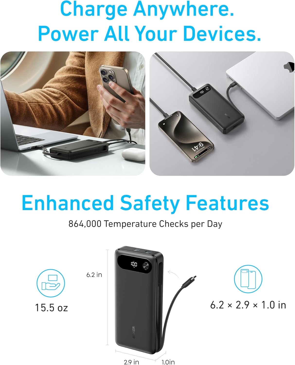 Detalle 2 de Anker Power Bank 20,000mAh Travel Essential with Built-In USB-C Cable (Black)