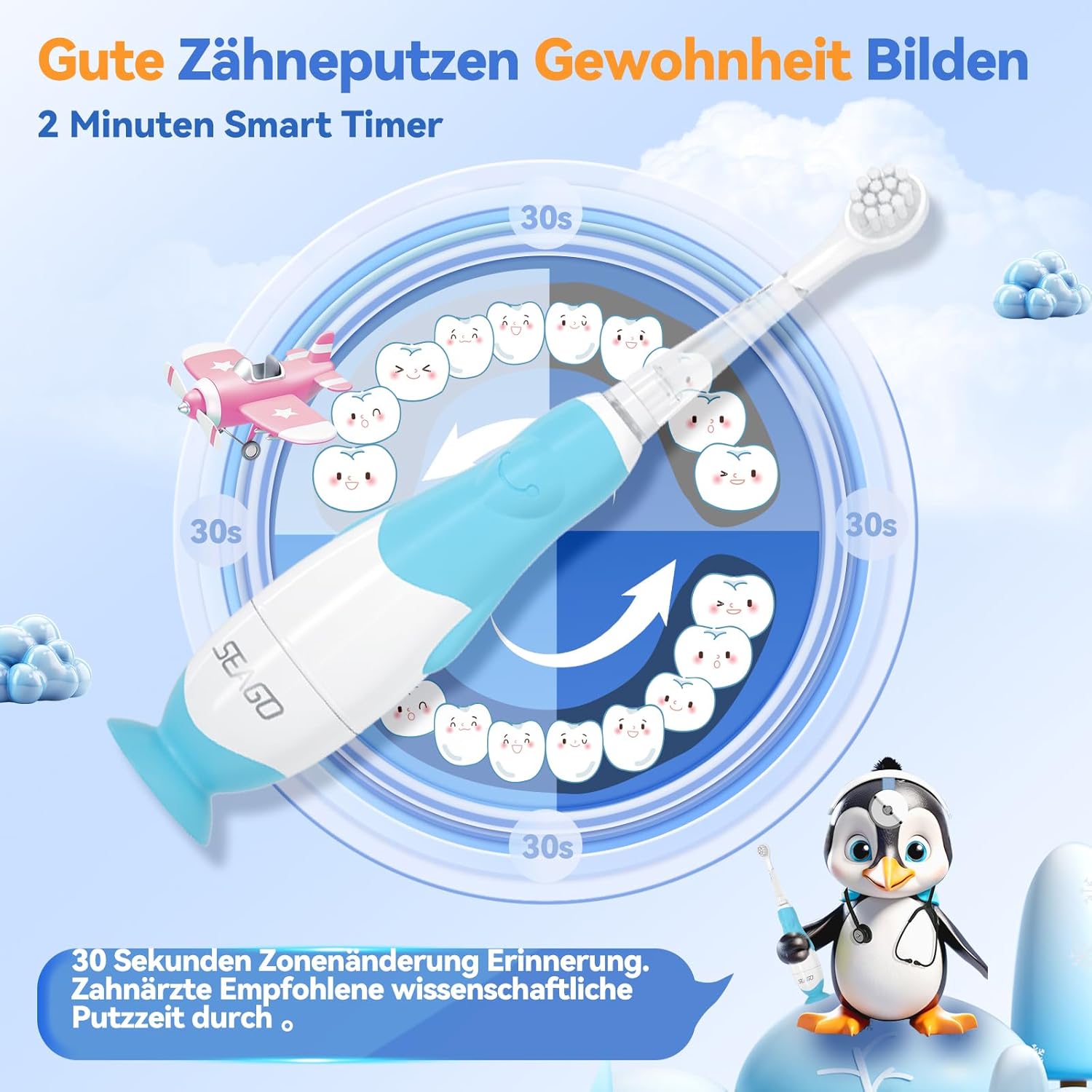 Thumbnail 4 de Seago Elektrische Zahnbürste Kinder SG513 (Blau) ab 0–3 Jahren mit LED-Licht, Soft-Bürstenkopf und 2-Minuten Smart-Timer