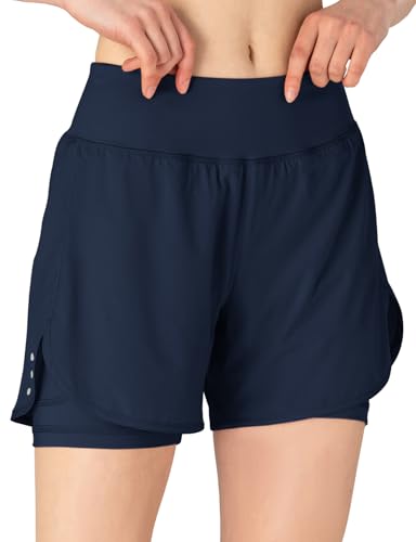 Detalle de DONHOBO Damen 2 in 1 Kurze Hose – Schnell trocknende Laufshorts für Yoga, Training und Fitness (Navy, L)