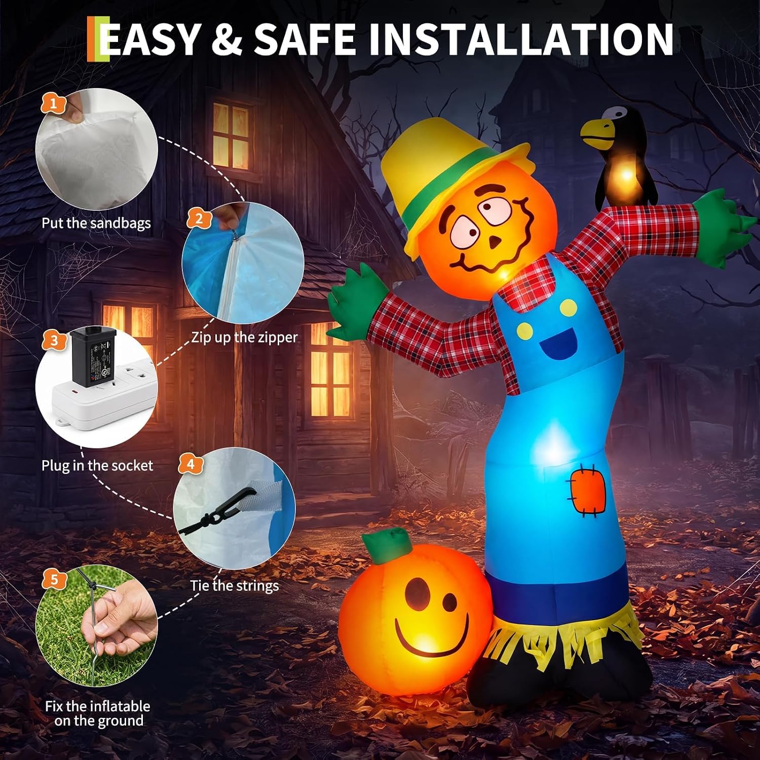 Detalle 2 de WildVenture 6FT Pumpkin Scarecrow Inflatable with 7 LED Lights