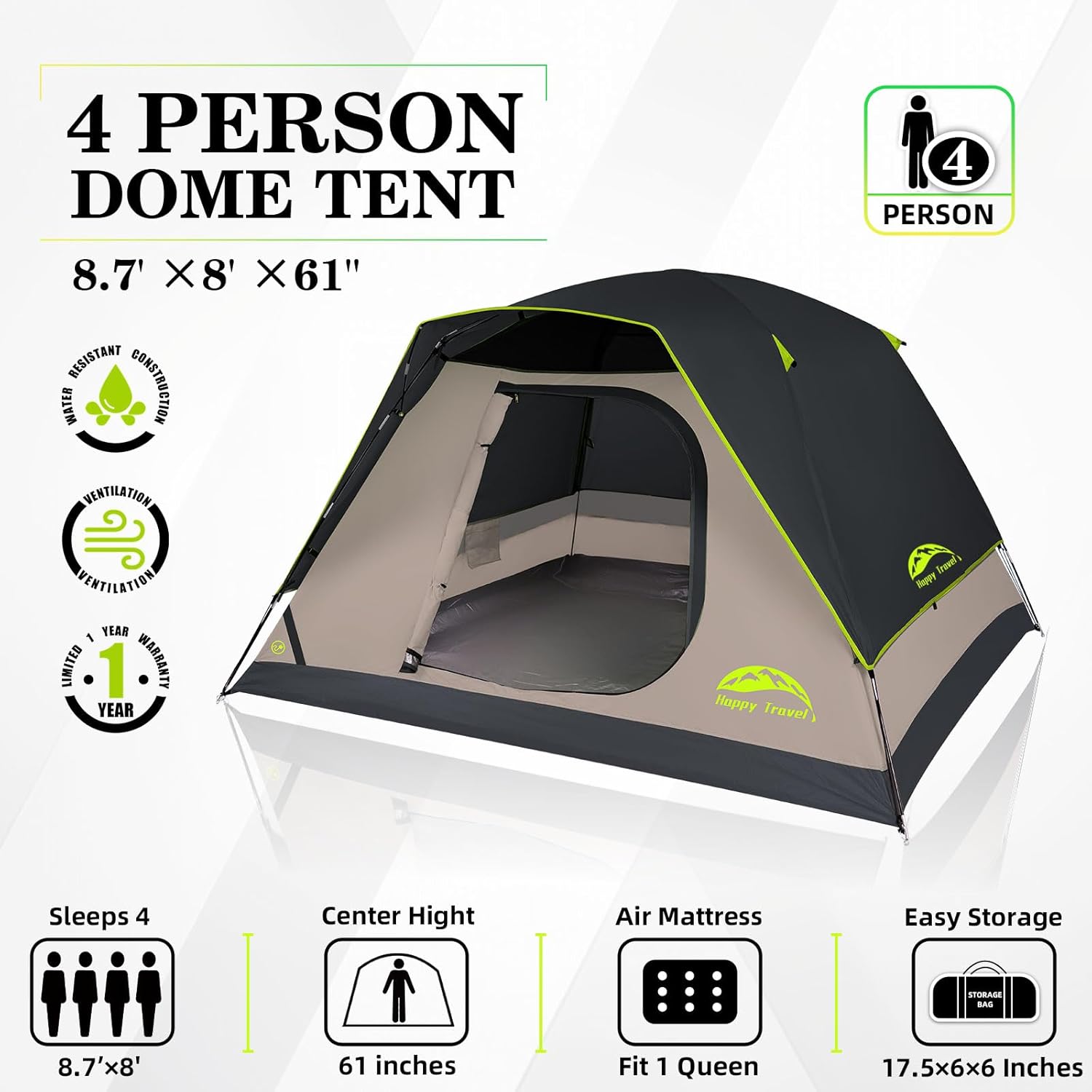 Detalle 2 de Happy Travel 4–6 Person Camping Dome Tent with Rainfly, Mesh Windows & Fast Setup
