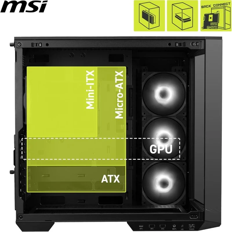 Detalle de MSI MAG PANO 100R PZ ARGB: torre semitorre negra con panel de vidrio templado y USB-C