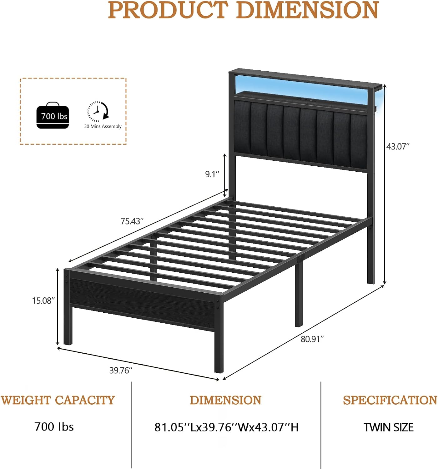Detalle 2 de Furnulem HK-BF-009-CL-T-1-BO-CA Twin Bed Frame with RGB LEDs and Storage