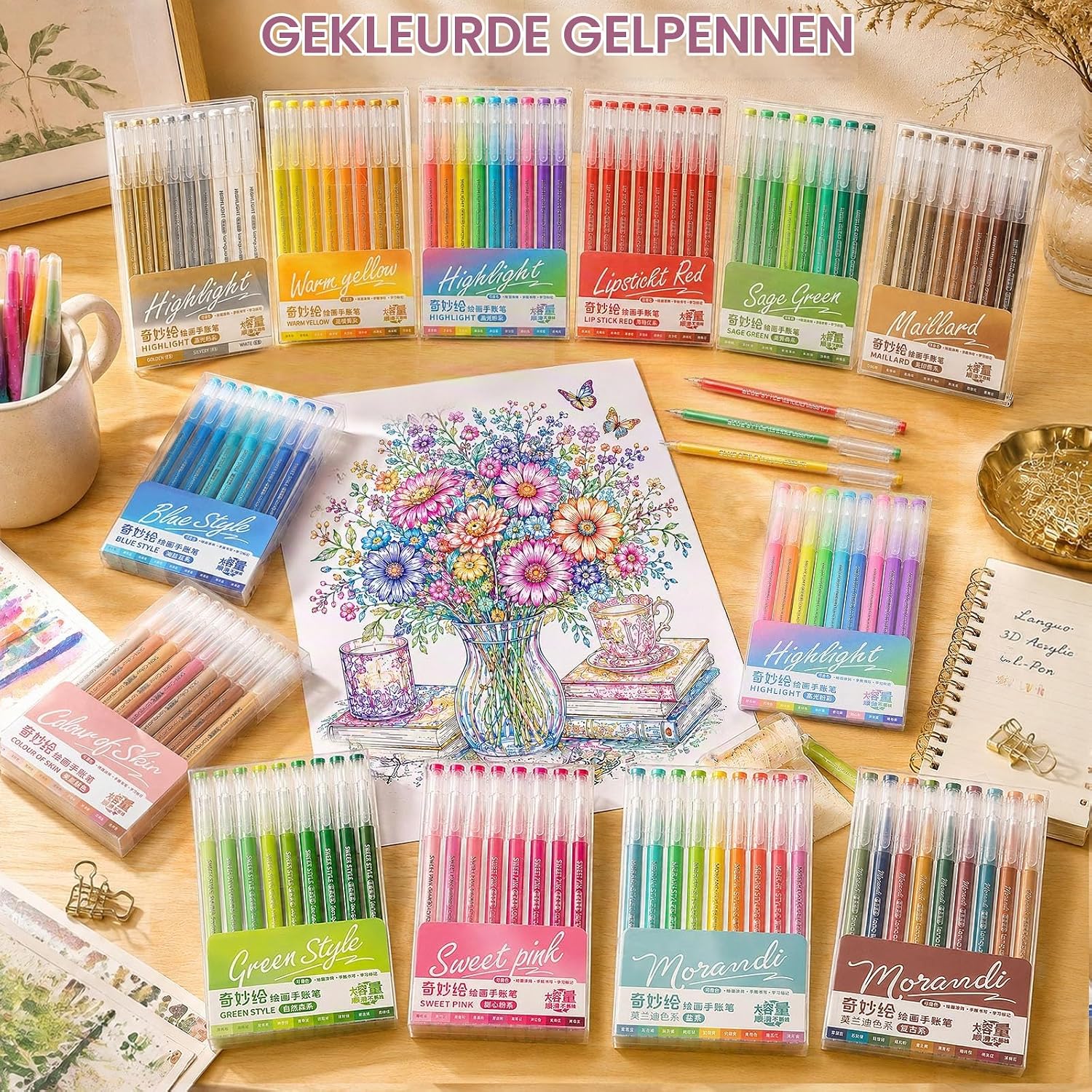 Detalle de Caloryx ASI-GEL-240pcs gelpennen, 240 stuks met 231 kleuren en fijne punt
