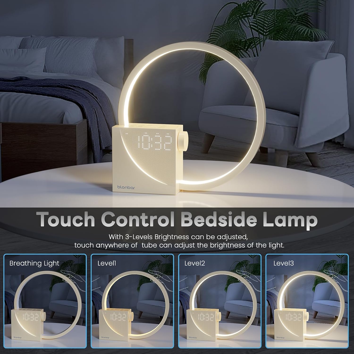 Thumbnail 3 de blonbar Nachttischlampe mit Wake Up Licht – 3-stufig dimmbar, Dual-Wecker, Nature Sound & USB-Ladefunktion