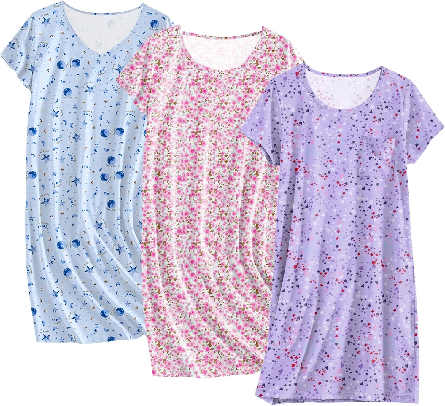 Detalle de Ekouaer Cotton Nightgowns for Women, 3-Pack Short-Sleeve Sleepshirts