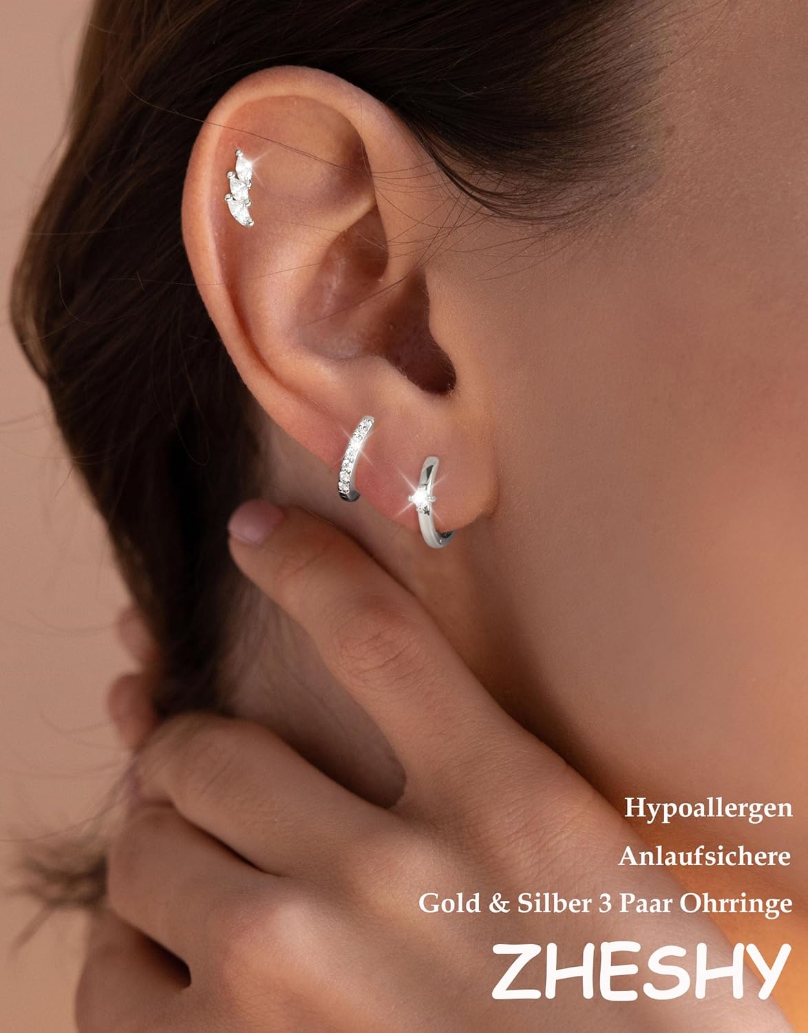 Thumbnail 1 de ZHESHY - Lot de 3 Boucles d'Oreilles Argent 925 Plaqué Or 14K pour Femme - Clous, Créoles Huggi et Pendantes