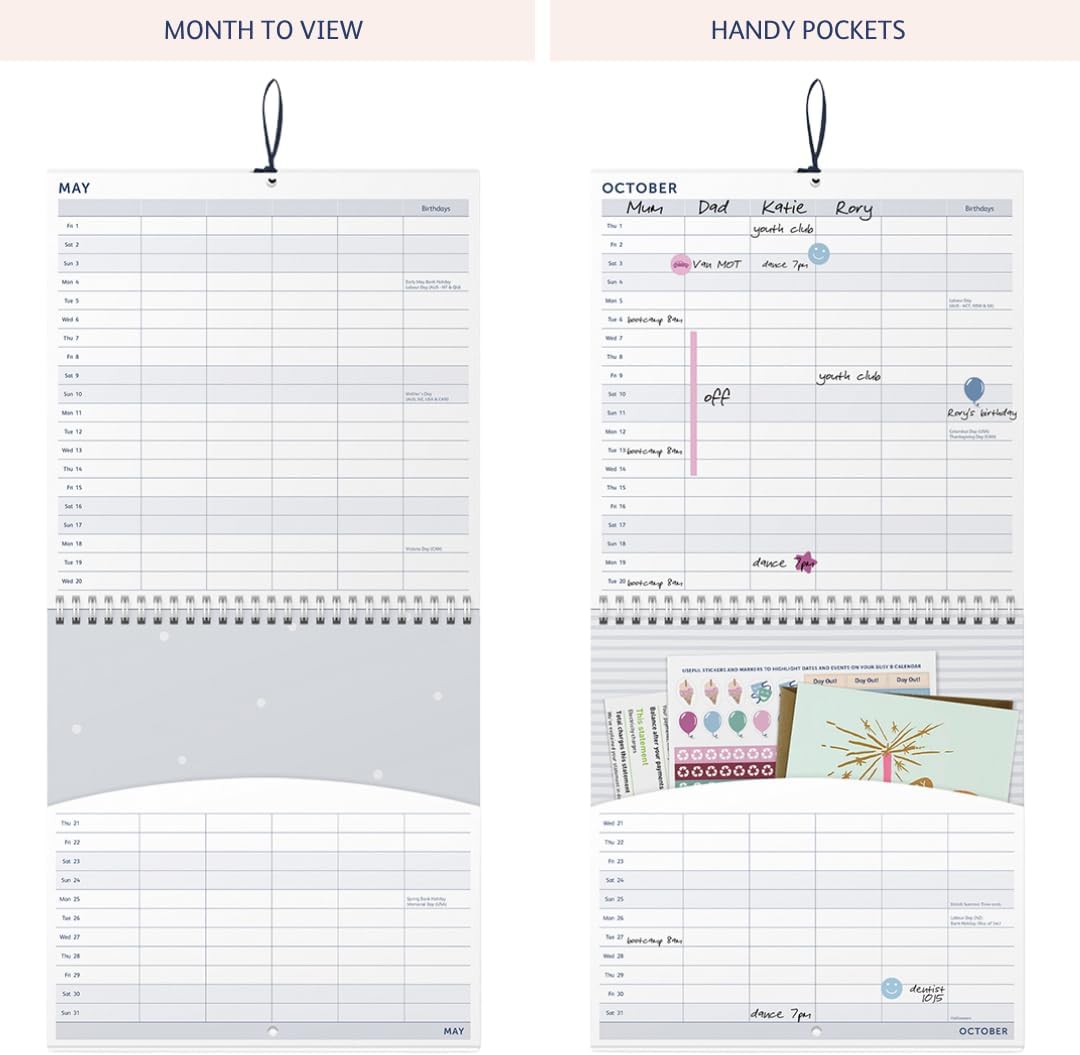 Detalle 2 de Busy B 2026 väggkalender med fågelmotiv, fem kolumner och förvaringsfickor
