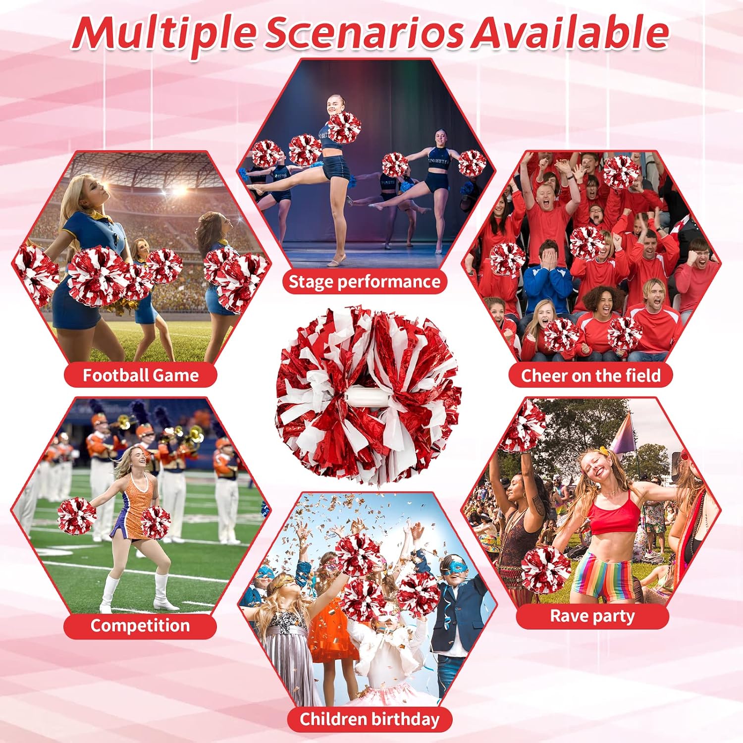 Thumbnail 6 de CREATIEE-PRO Cheer Pom Poms, 4-Piece Red-and-White Metallic Set