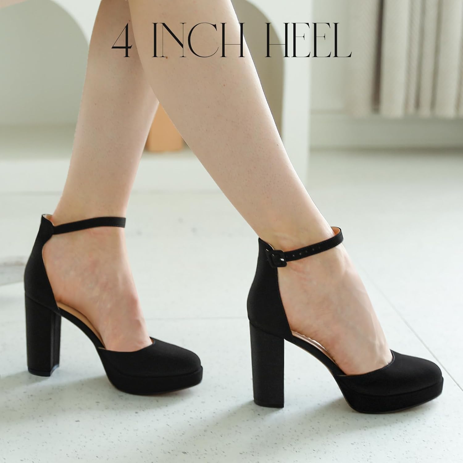 Thumbnail 5 de Ankis Black Platform Closed Toe Heels for Women — 4 Inch Chunky Block Pumps