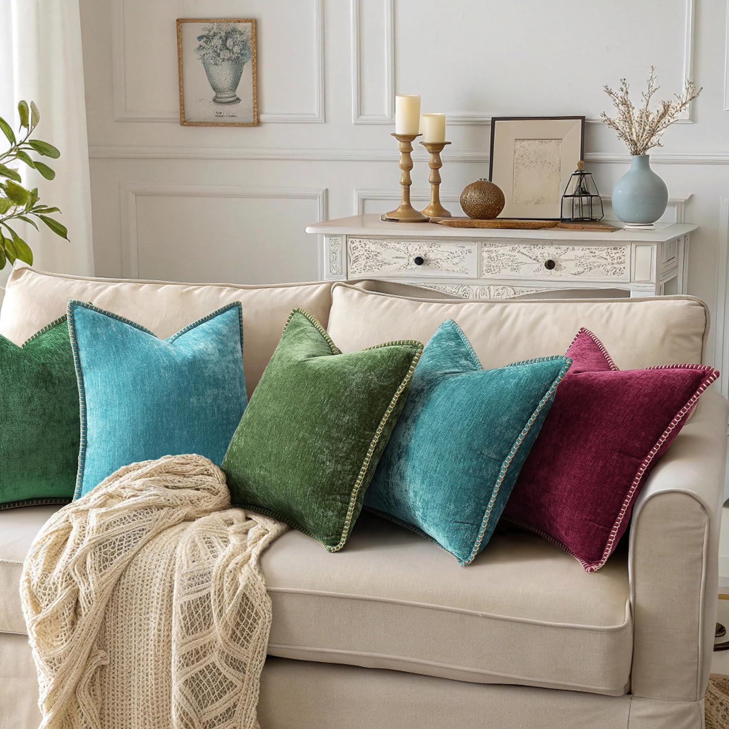 Thumbnail 6 de decorUhome Fall Chenille 18x18 Throw Pillow Covers (Set of 2) in Forest Green
