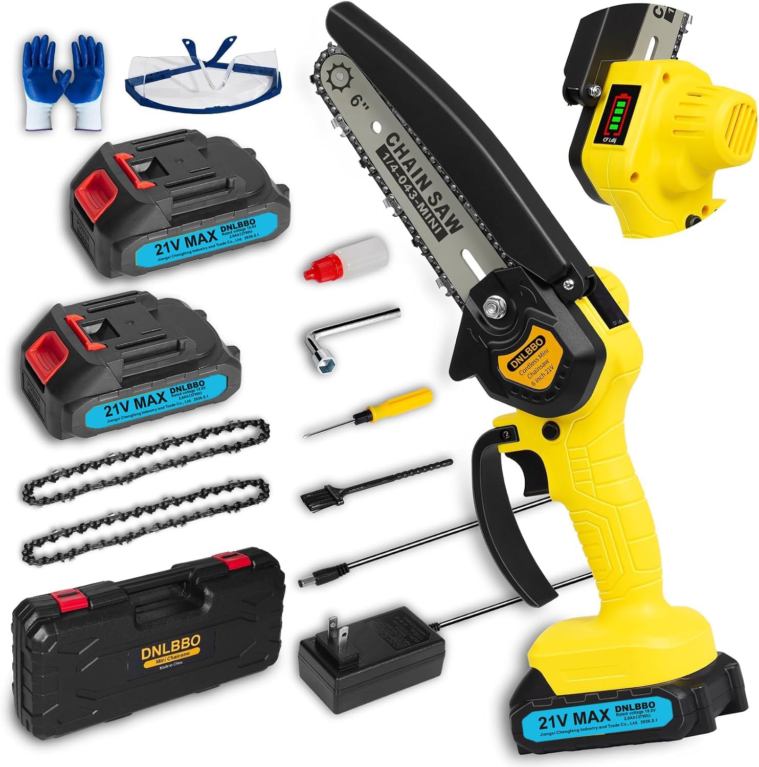Detalle de DNLBBO DNLBBO-03 6-Inch Battery Mini Chainsaw with Power Display, 2 Batteries