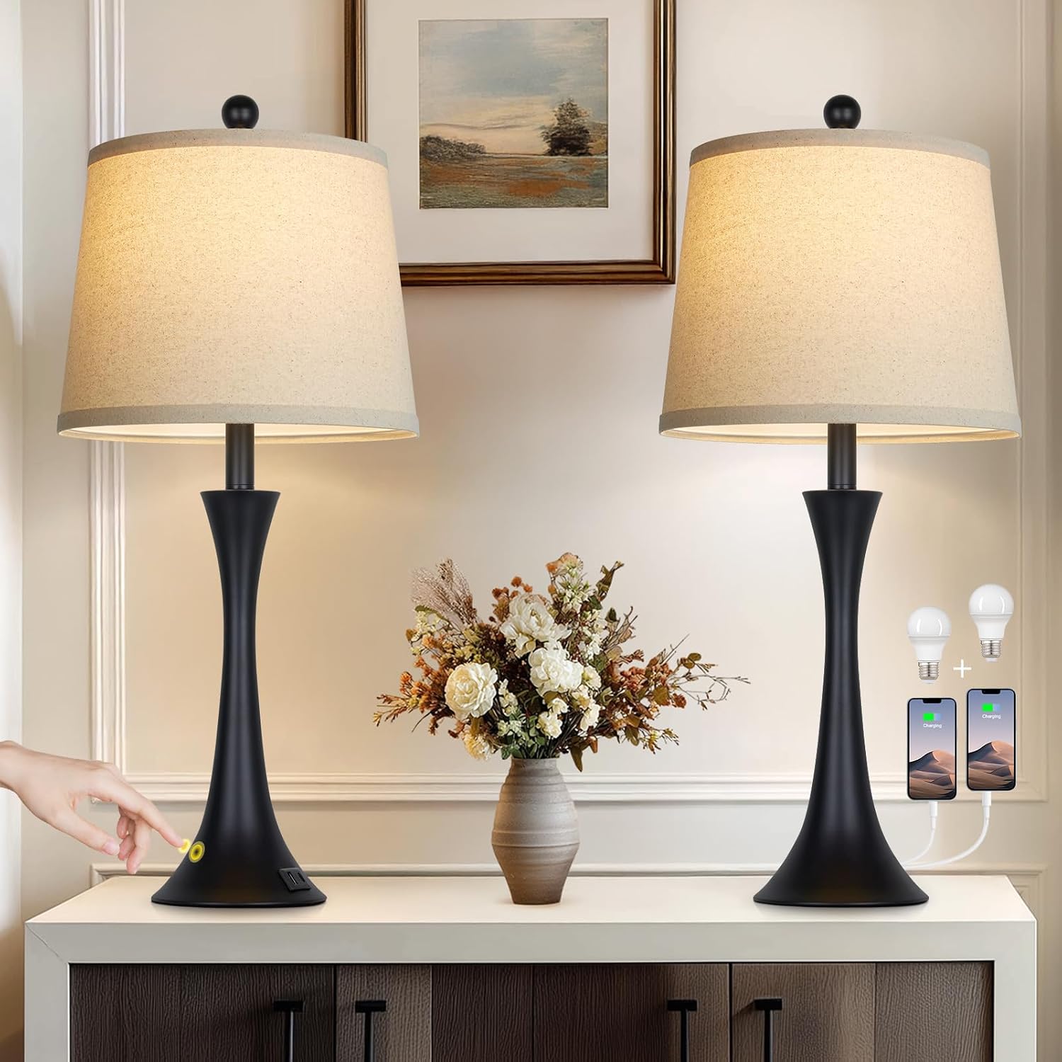 Detalle 2 de Rinweey TD-RW-635 Table Lamp Set of 2, Touch-Dimmable with USB-C and USB-A