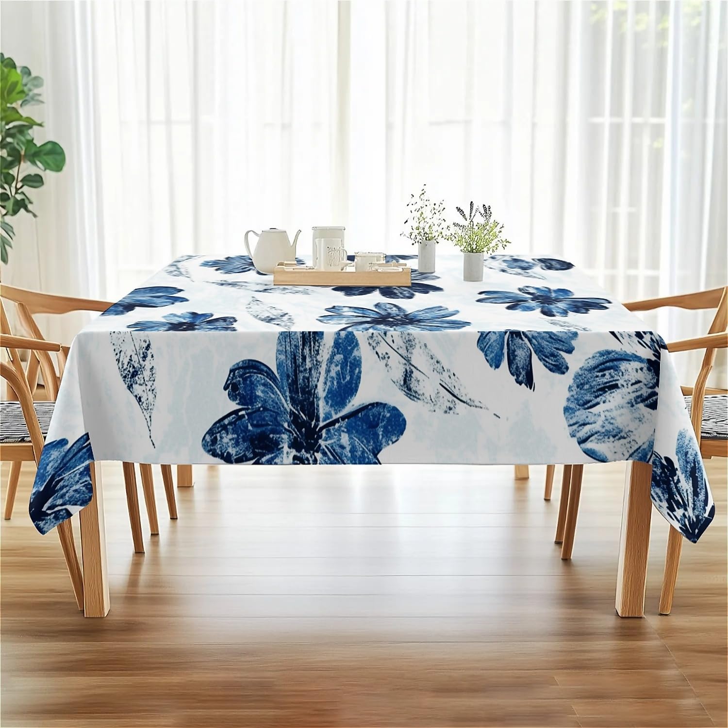 Thumbnail 5 de artslion Rectangle Waterproof Wipeable Table Cover 60x102in – Non-PVC Fabric with Blue Flower Design