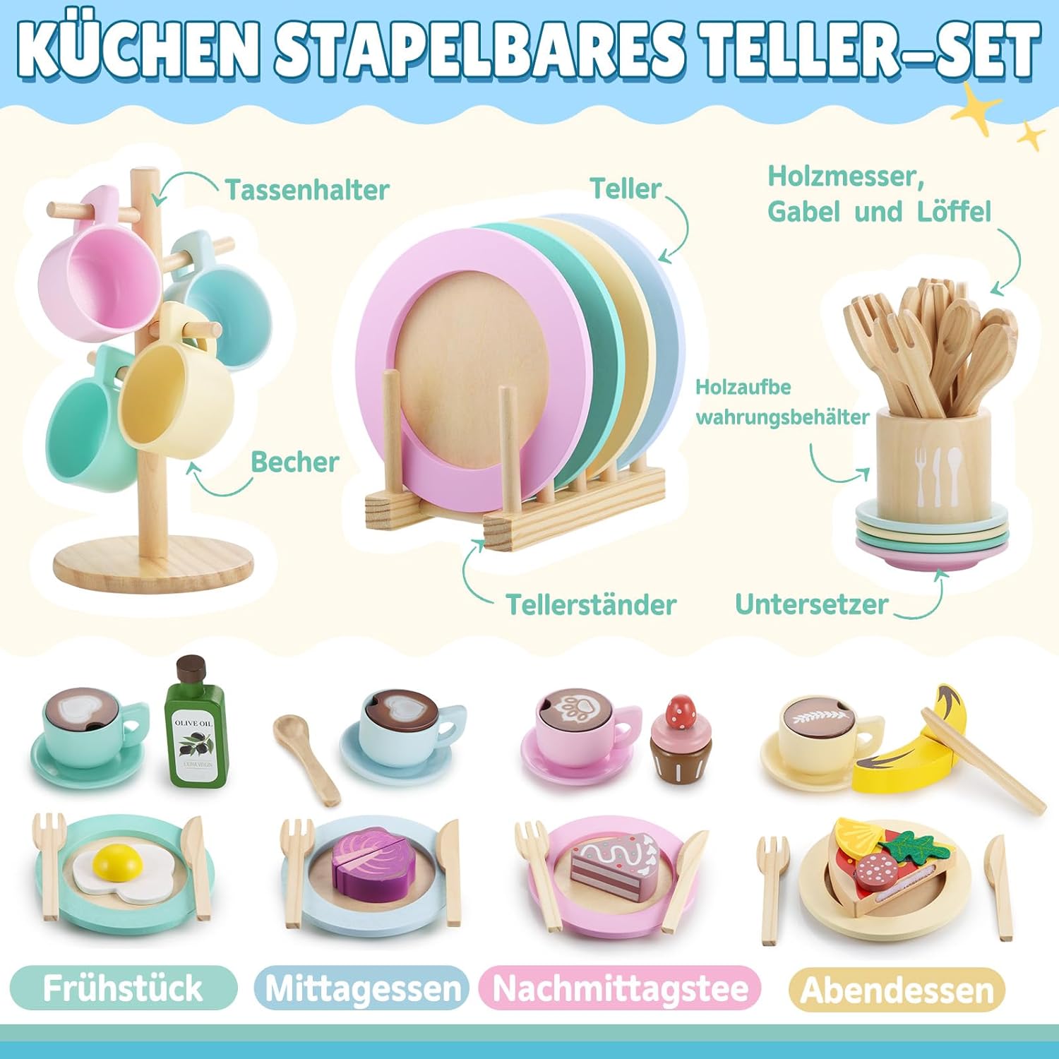 Thumbnail 1 de GAGAKU Holzspielzeug Kinderküche Geschirr-Set – 27-teiliges Montessori Teeservice aus Holz (Neueste Ausführung)