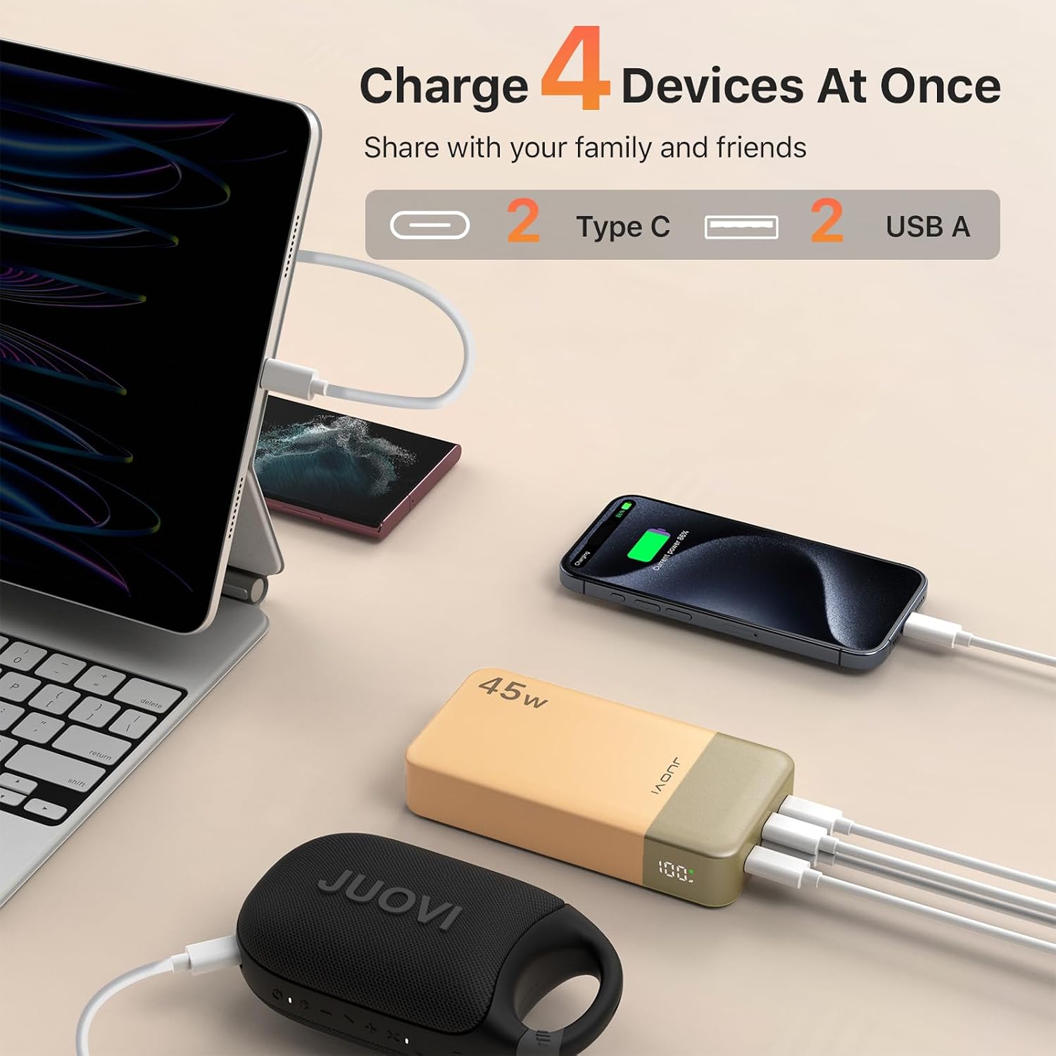 Detalle de JUOVI Power Bank 20000mAh 45W PD, Caricatore Portatile con Display Digitale – Arancione (J2621)