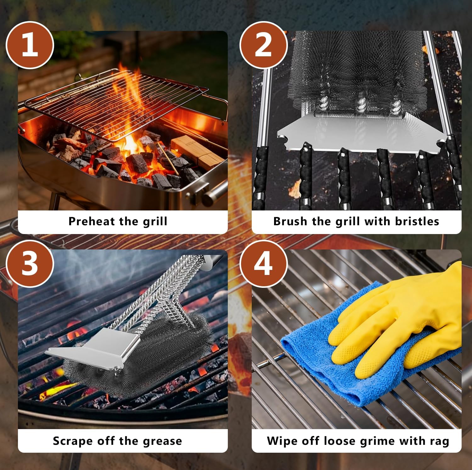 Thumbnail 4 de JIMYIU Kit di Pulizia per Griglie 3 in 1: Spazzola in acciaio inox con raschietto e occhiello, extra lunghe per grill a gas, carbone, elettriche e a sfera