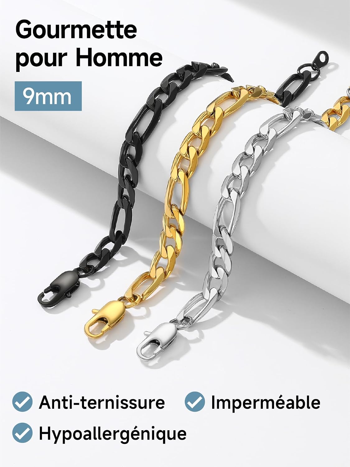 Thumbnail 5 de PROSTEEL Gourmette homme chaîne Figaro en acier inoxydable (316L) / plaqué or ou noir, bracelet 19/21/23 cm